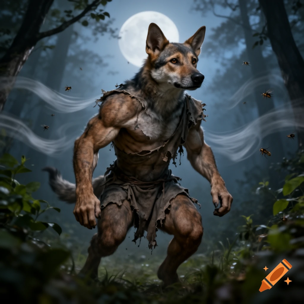 Muscular dog-human beast in torn rags stands in a dark, misty forest under a full moon.