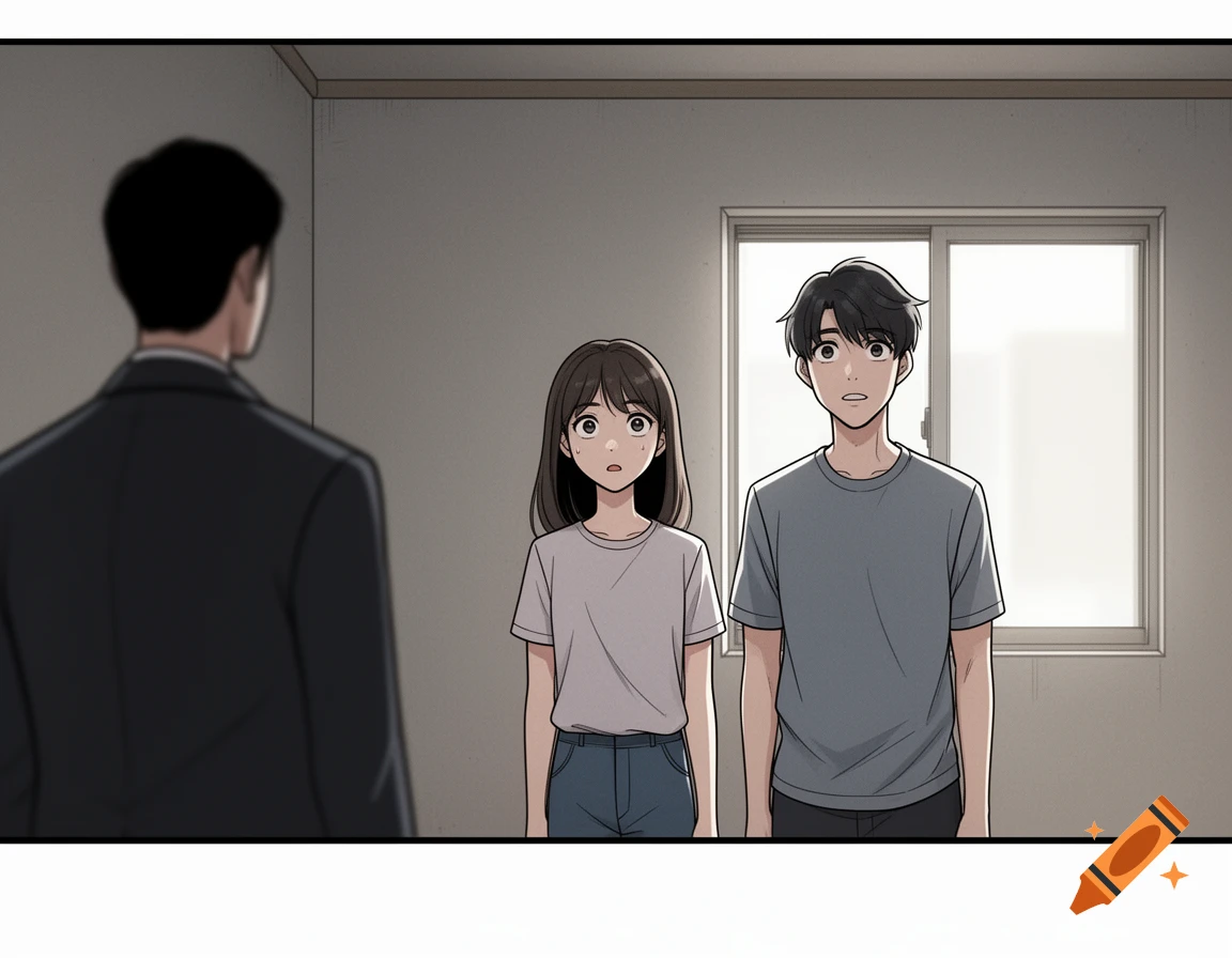 A webtoon-style illustration of a girl and boy looking wide-eyed at a man in a suit in an empty room with a window.