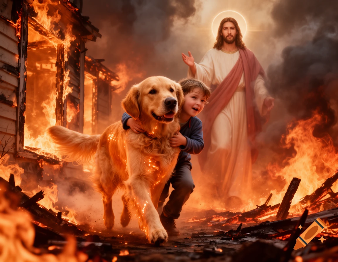 A photorealistic scene of a golden retriever carrying a child from a burning house, with Jesus standing in the smoky, fiery background.