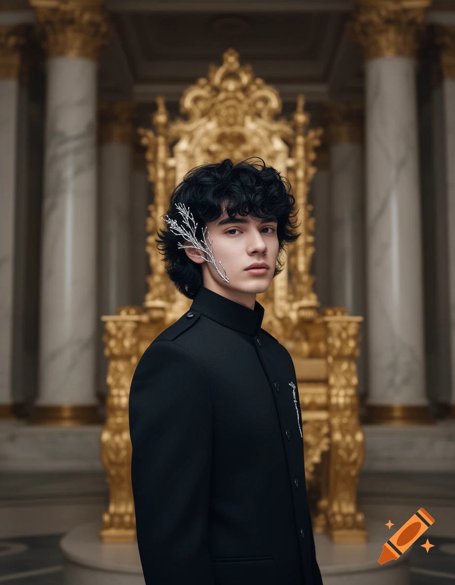 A young man with dark curly hair and a silver branch accessory on his face, wearing a dark uniform, stands before a golden throne in a grand hall. Photorealistic style.