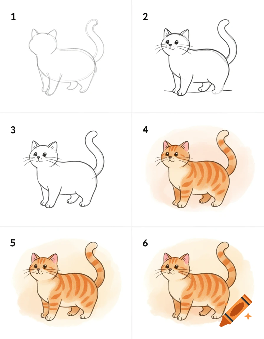 A six-step drawing tutorial showing how to sketch, outline, and color an orange tabby cat.