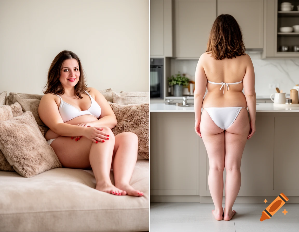 A two-panel image shows a smiling plus-size woman in a white bikini. One panel shows her relaxing on a couch, and the other shows her from behind in a kitchen.