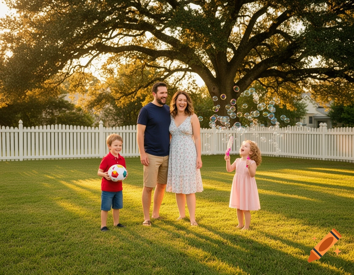 A family in a sunny backyard. A girl blows bubbles, a boy holds a soccer ball, and parents smile near a white fence.