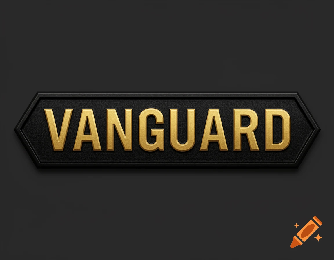 A black, rectangular, hexagon-shaped sign with raised gold text spelling VANGUARD in all caps.