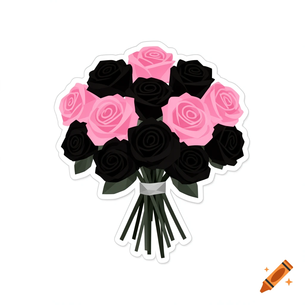Stylized illustration of a bouquet with pink and black roses tied with a white ribbon, resembling a sticker.