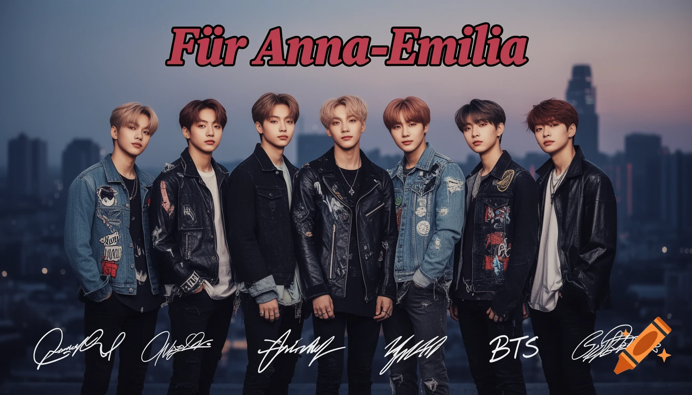 Seven young men in stylish jackets posing against a city skyline with 'F r Anna-Emilia' and 'BTS' text.