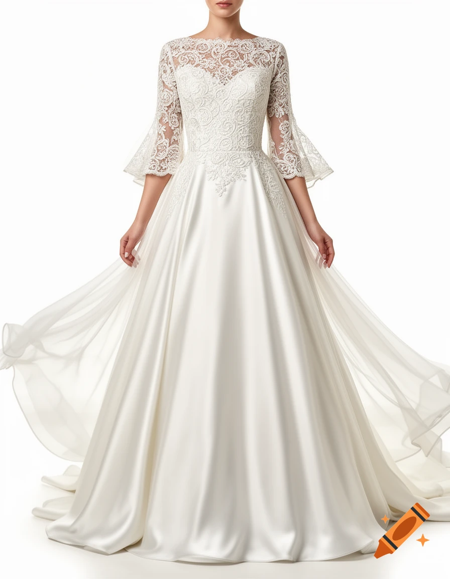 A full-length white wedding dress with a lace bodice, bell sleeves, and a flowing satin skirt on a model.