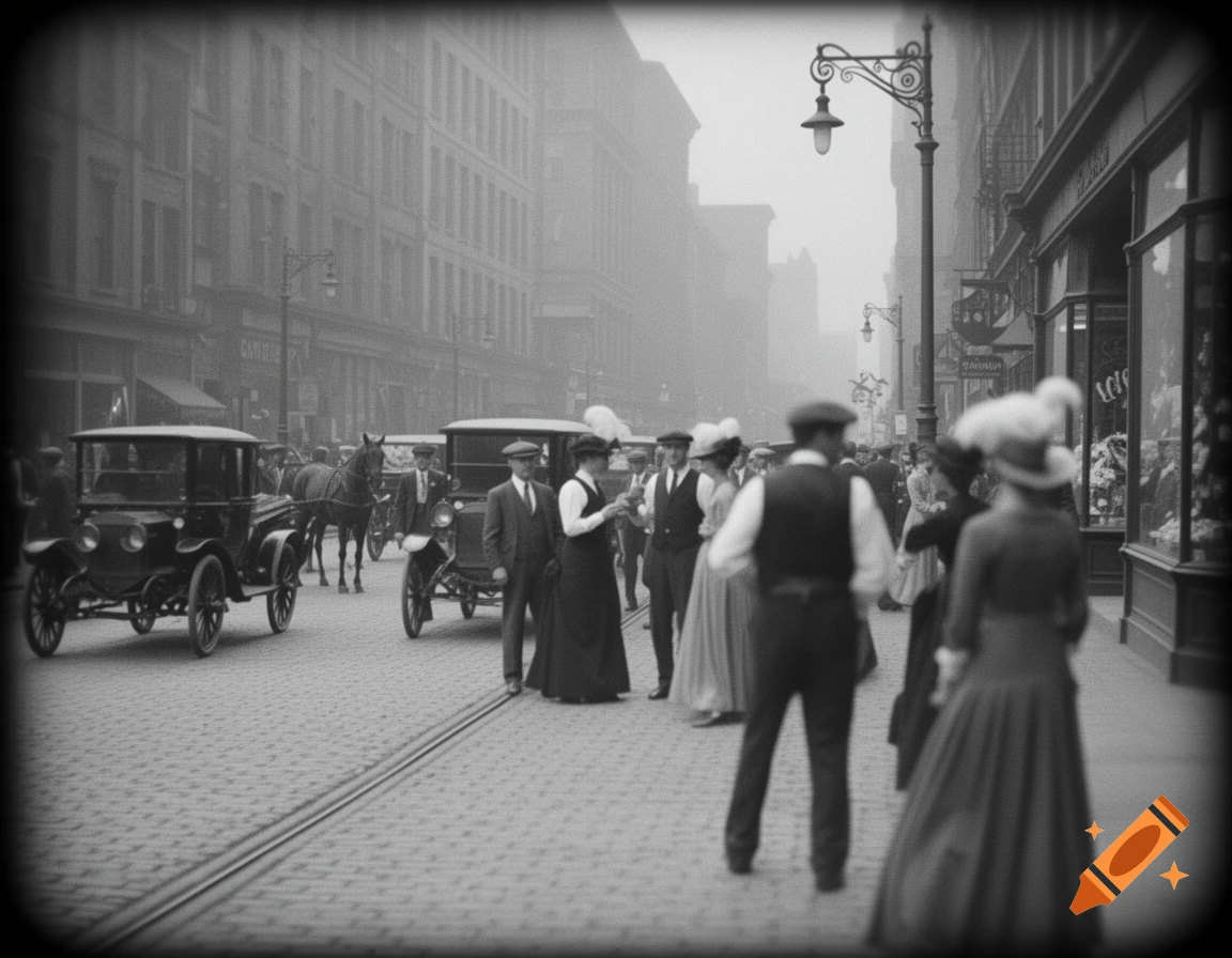 Black and white historical photograph of a busy city street in 1914 with people, early automobiles, and a horse-drawn carriage.