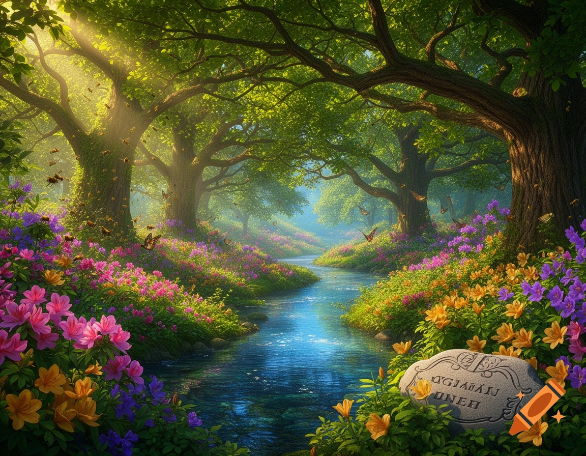 A vibrant, sunlit fantasy forest scene with a winding river flowing through colorful wildflowers and lush green trees. A stone with garbled text rests in the foreground.