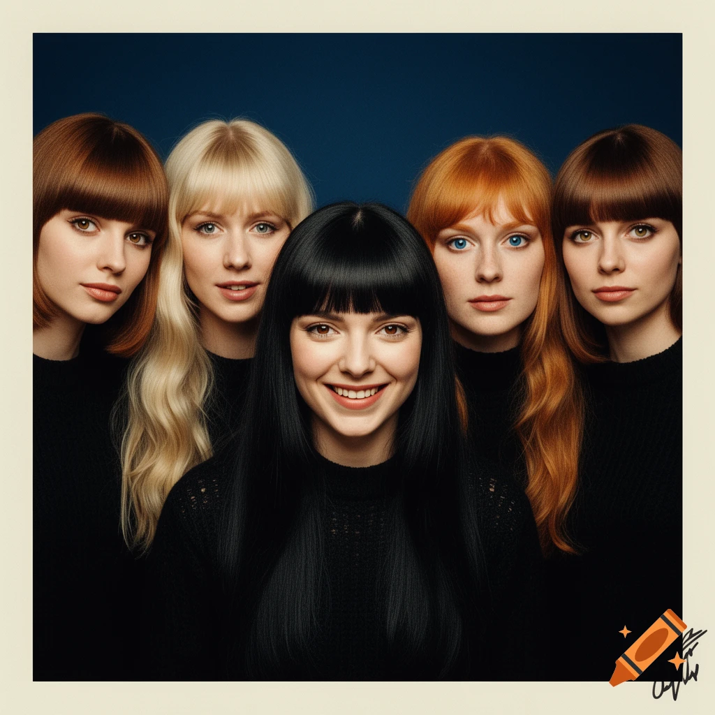 Five women with varying hair colors and bangs in black sweaters against a dark blue background.