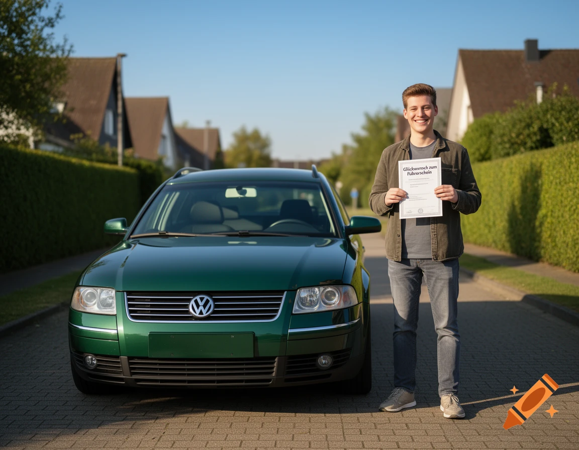 A smiling young man holds a driving license certificate next to a green Volkswagen Passat on a suburban street.