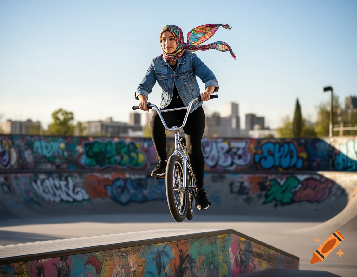 A woman in a colorful hijab, denim jacket, and black pants rides a BMX bike mid-air over a ramp in a sunny graffiti-covered skate park.