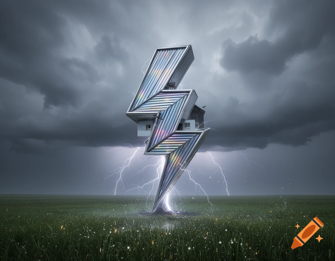 A photorealistic conceptual image of a house shaped like a lightning bolt striking a grassy field under a stormy sky with lightning.