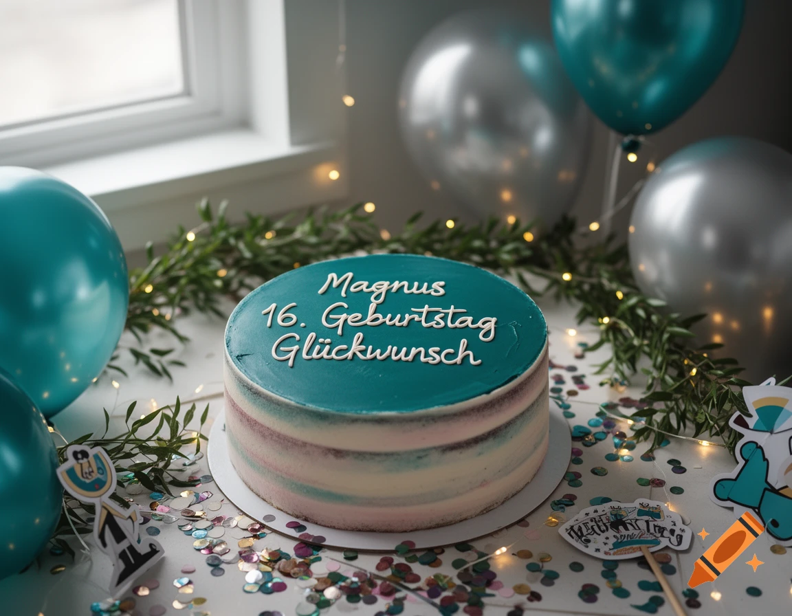 A birthday cake with teal frosting and "Magnus 16. Geburtstag Glückwunsch" in white script, surrounded by balloons and confetti.
