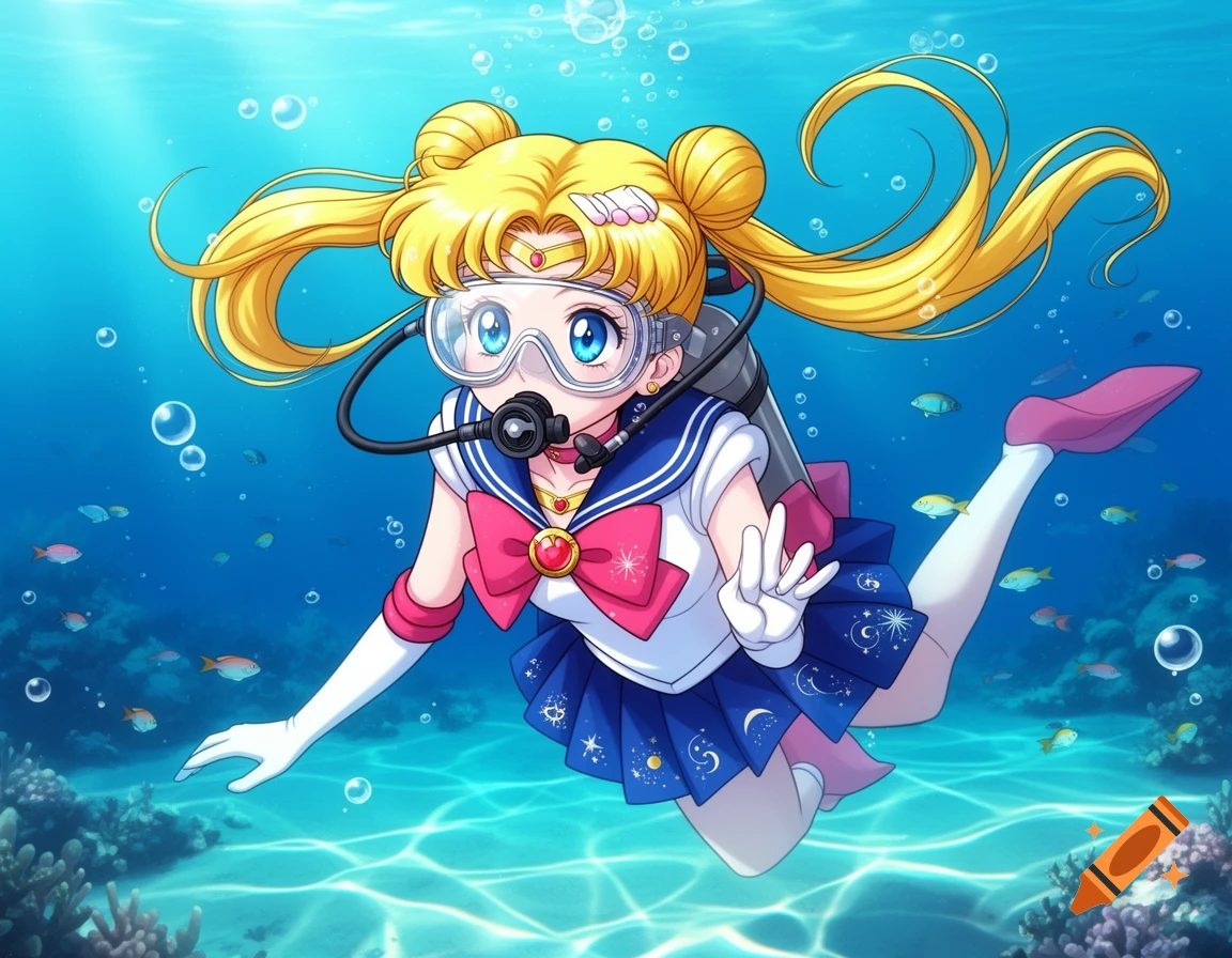 Anime character Sailor Moon scuba diving underwater with fish and coral, light rays from above.