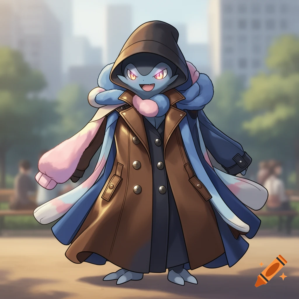 A blue and black Pokémon-like creature with glowing orange eyes, wearing a brown trench coat and a pink and blue scarf, stands in a park.