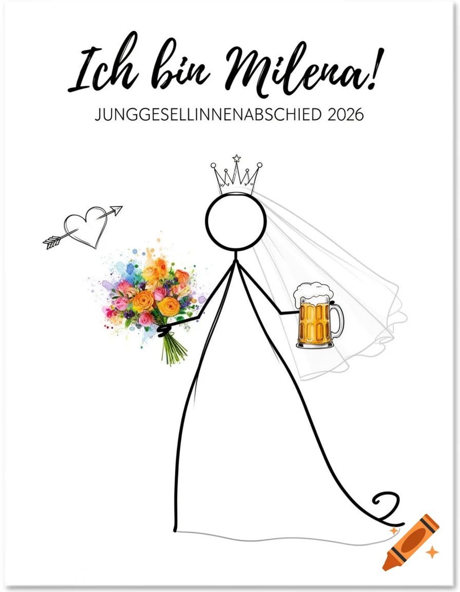 Stick figure bride with a crown, veil, colorful bouquet, and beer mug, with German text for a bachelorette party.