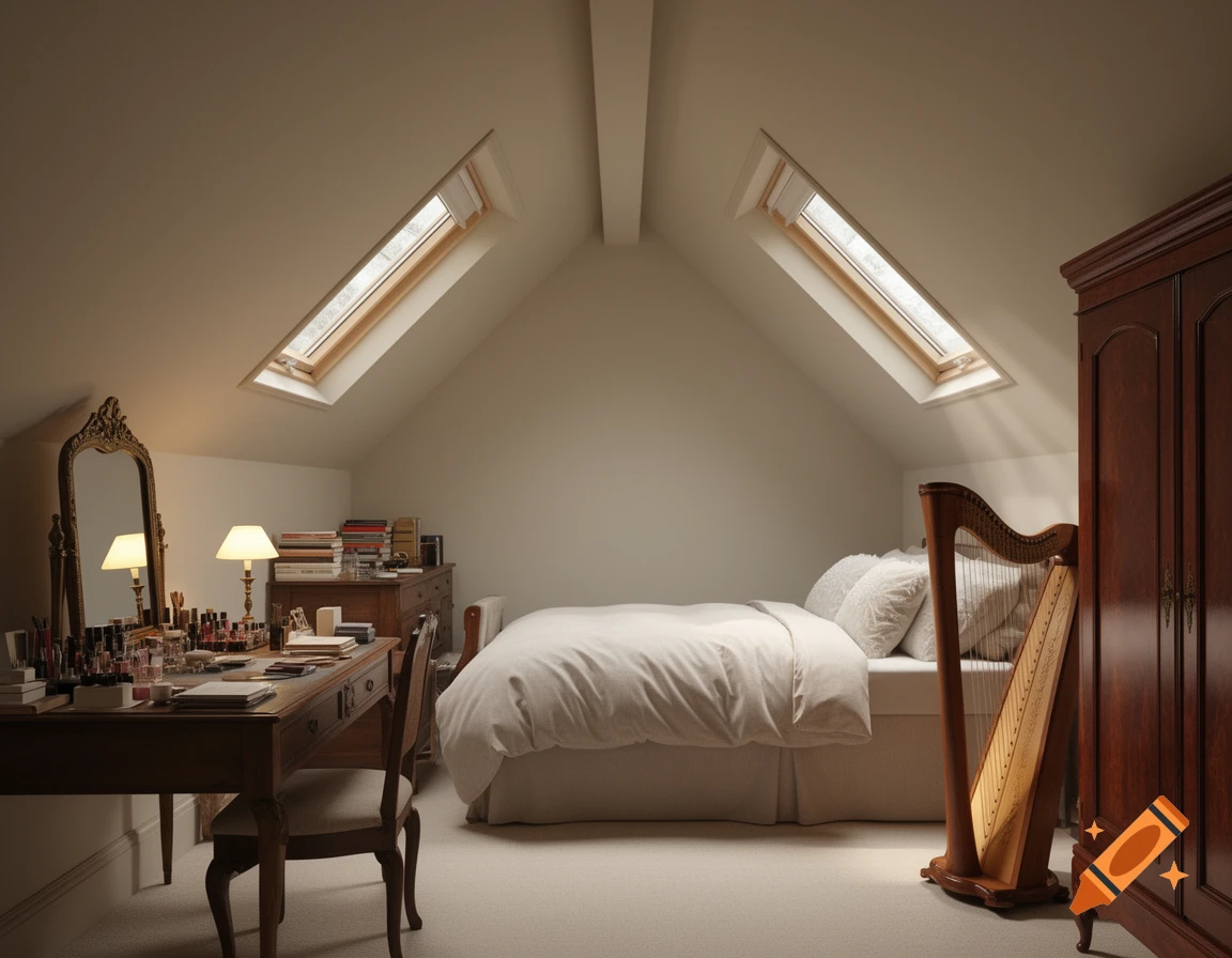 A well-lit attic bedroom with a bed, a wooden desk with a mirror, a harp, and a wardrobe. Photorealistic style.