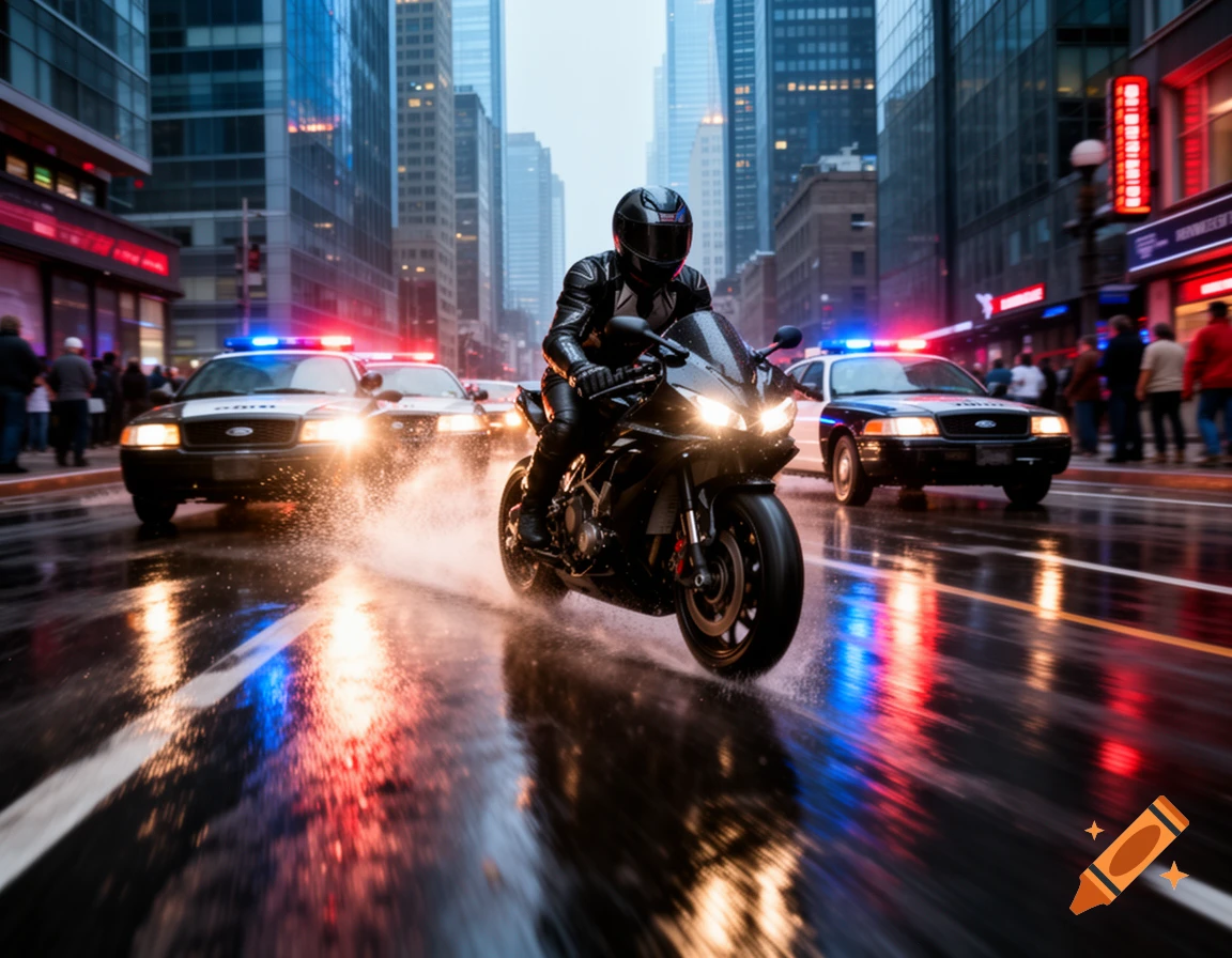 A motorcyclist in a helmet rides on a wet city street at night, spraying water, with police cars with flashing lights in pursuit.