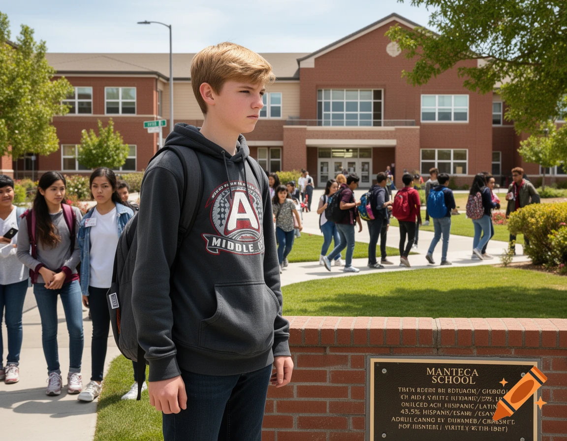 A blond male student in a dark hoodie and backpack stands outside a brick school building, with other students walking in the background.