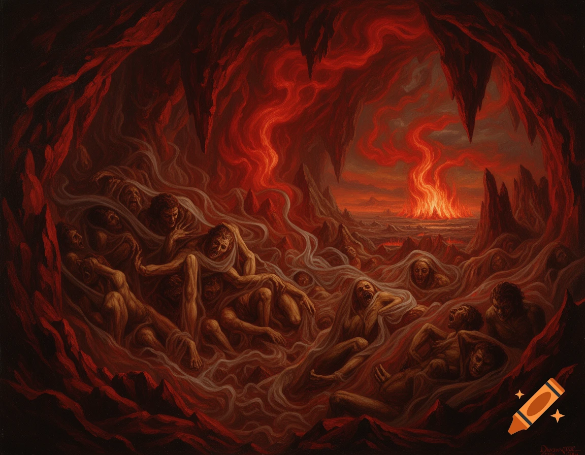 An oil painting of a hellish cavern filled with suffering human figures submerged in dark liquid, with fiery pits in the distance.