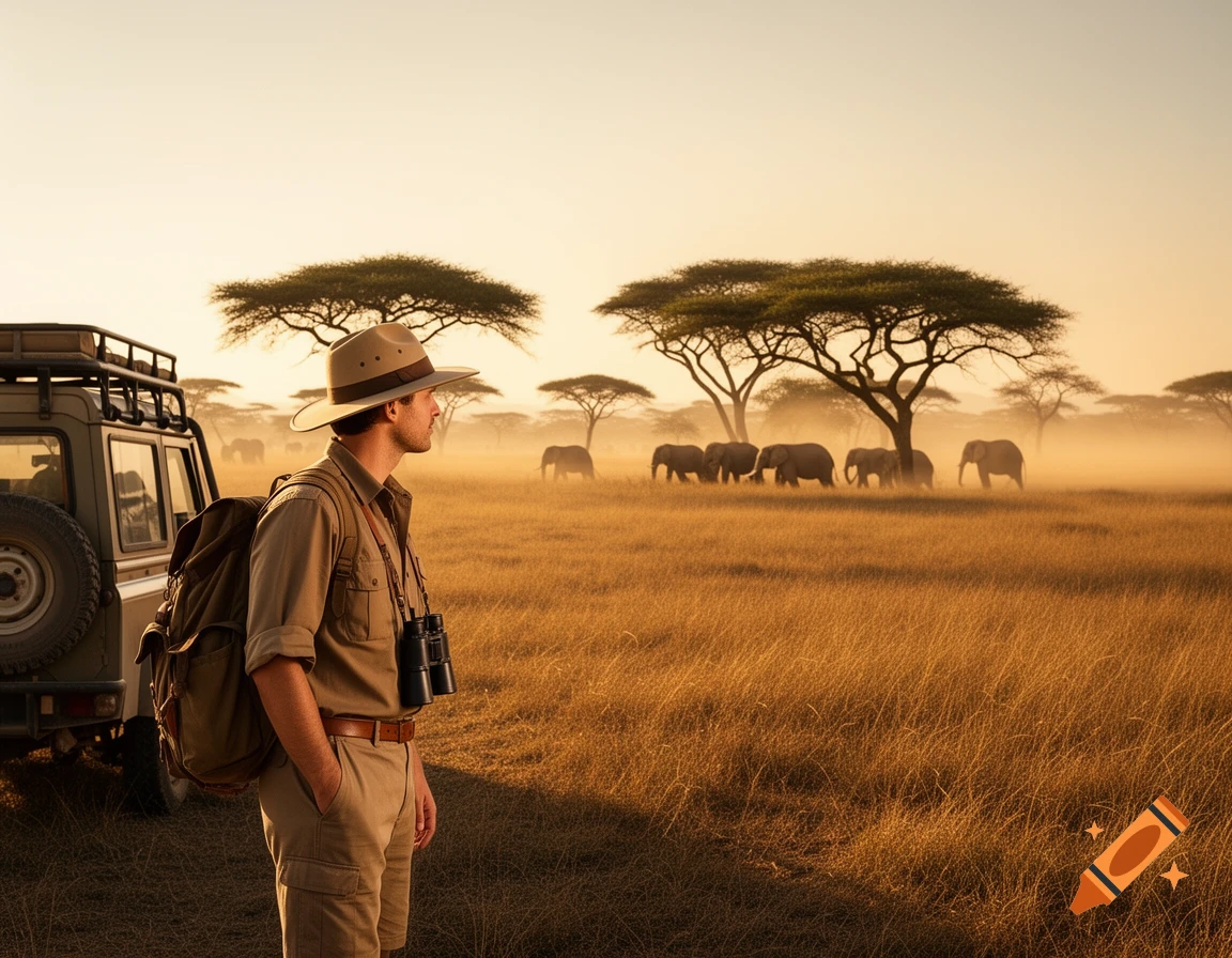 A man in safari attire with binoculars stands next to a jeep, watching elephants in a sunlit African savanna.