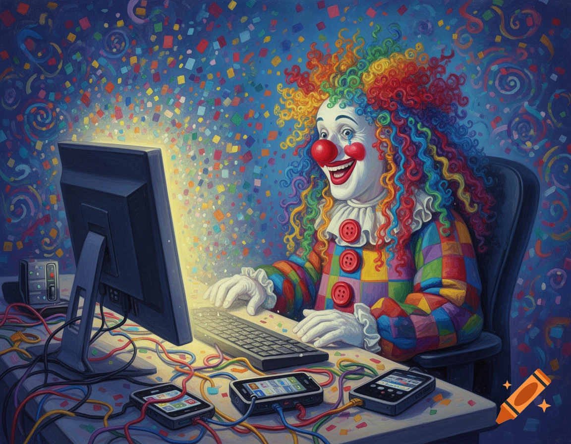 A colorful painting of a joyful clown with rainbow hair and a patched costume, typing on a computer, surrounded by falling confetti.
