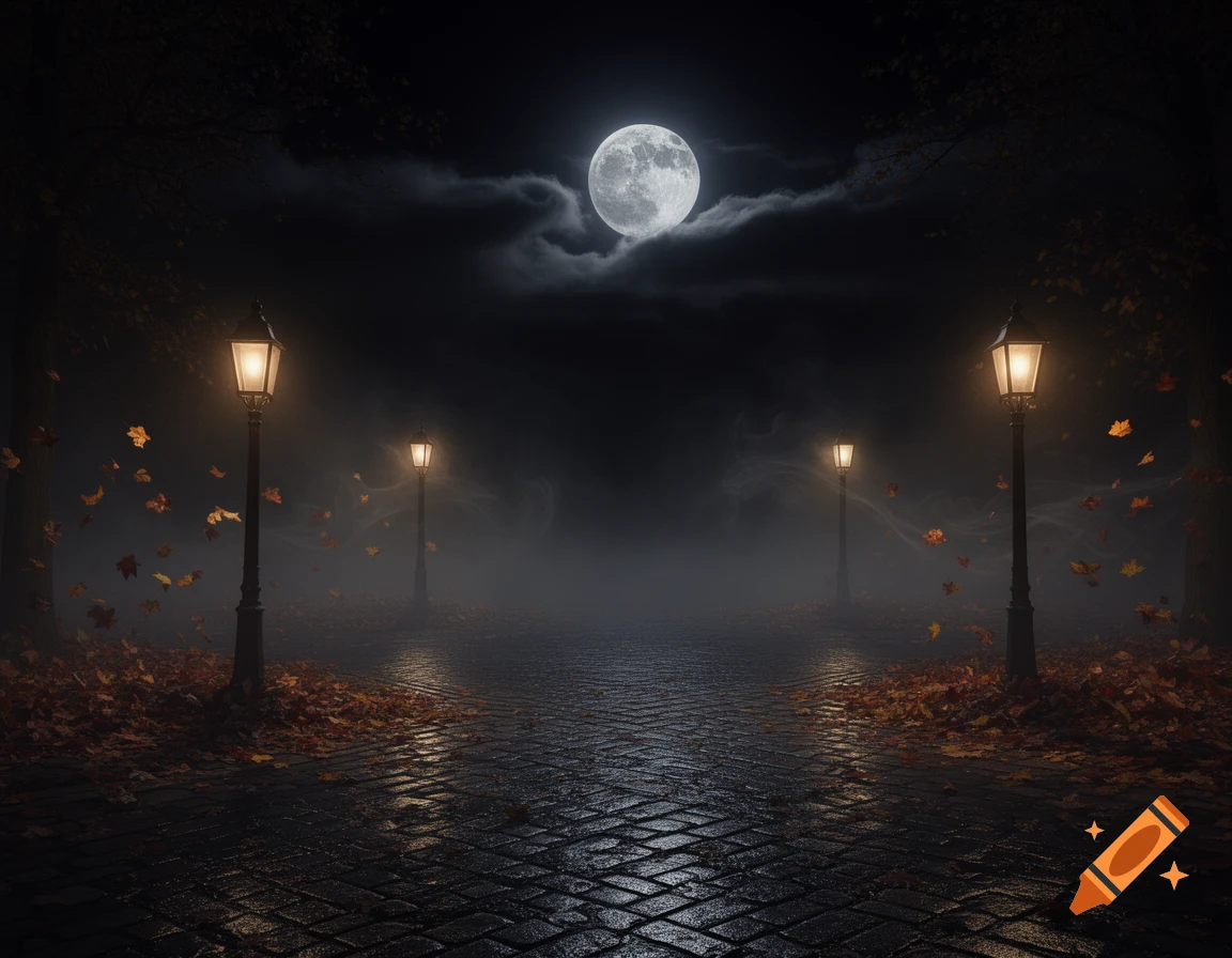 A cobblestone path at night, lit by four lanterns, strewn with autumn leaves and shrouded in fog under a full moon.