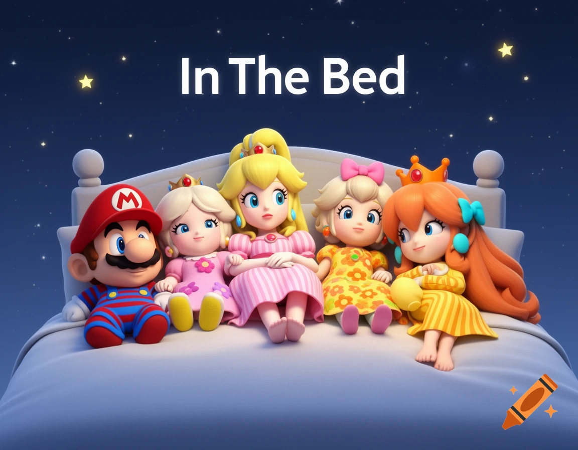 Baby Mario, Princess Peach, Baby Daisy, and Princess Daisy in a bed under a starry night sky, rendered in a 3D Nintendo style.