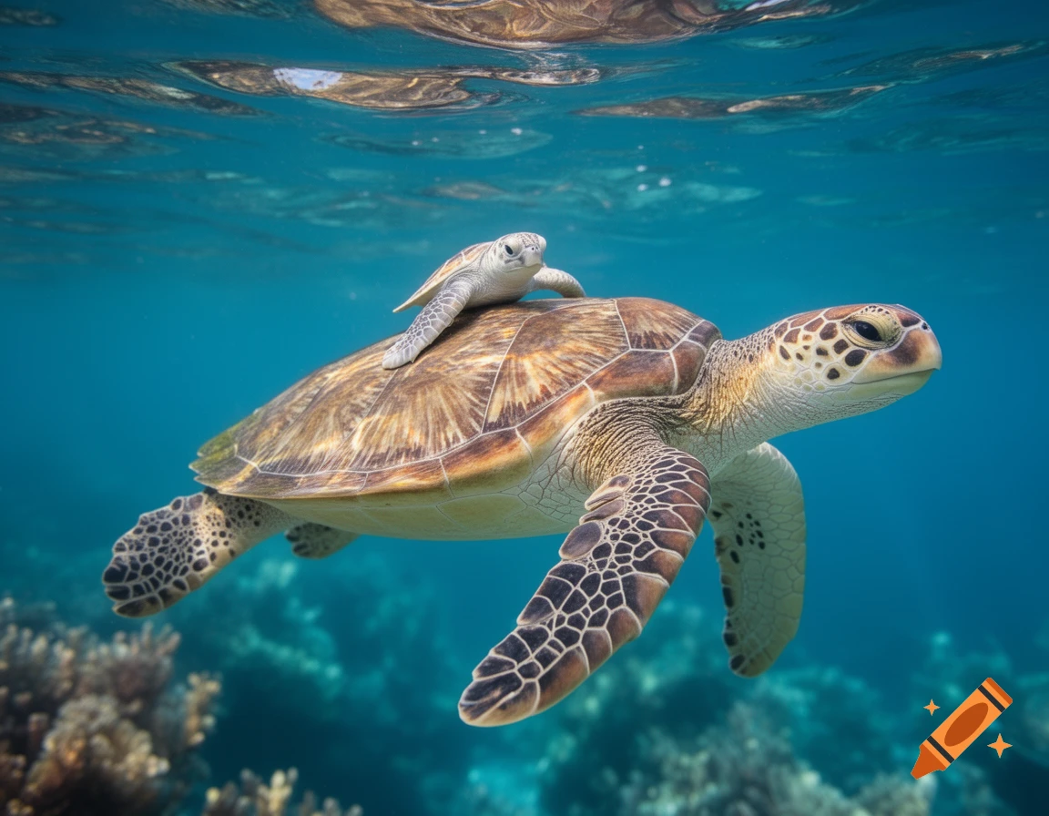 A large sea turtle swims underwater with a smaller turtle riding on its back, surrounded by coral.