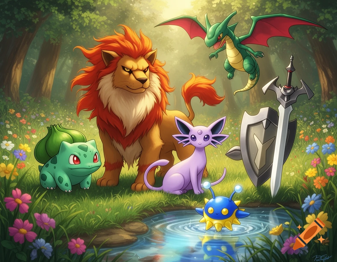 Cartoon Bulbasaur, a lion, a purple cat, a green dragon, and a blue aquatic creature with a sword and shield in a vibrant forest pond scene.