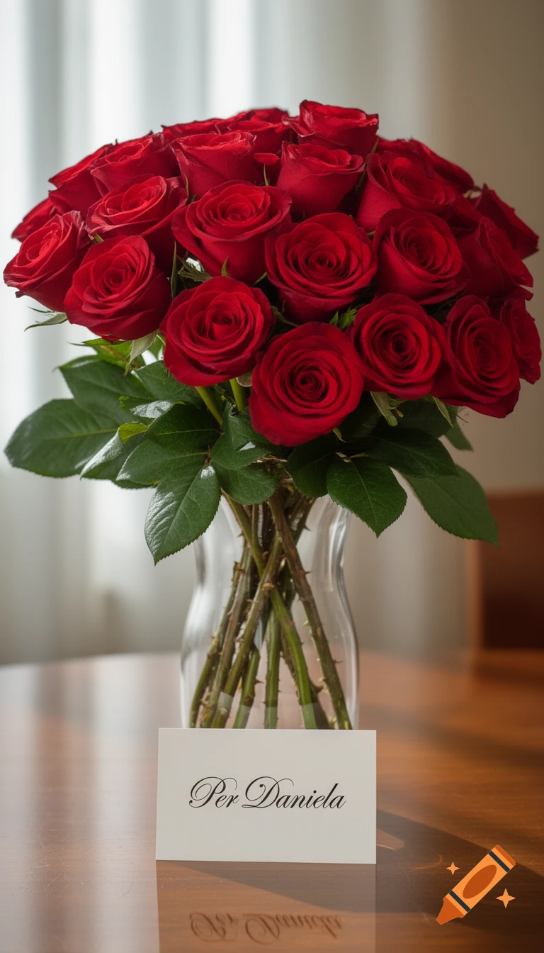 Photorealistic image of a bouquet of red roses in a glass vase on a table with a card saying 'Per Daniela'.