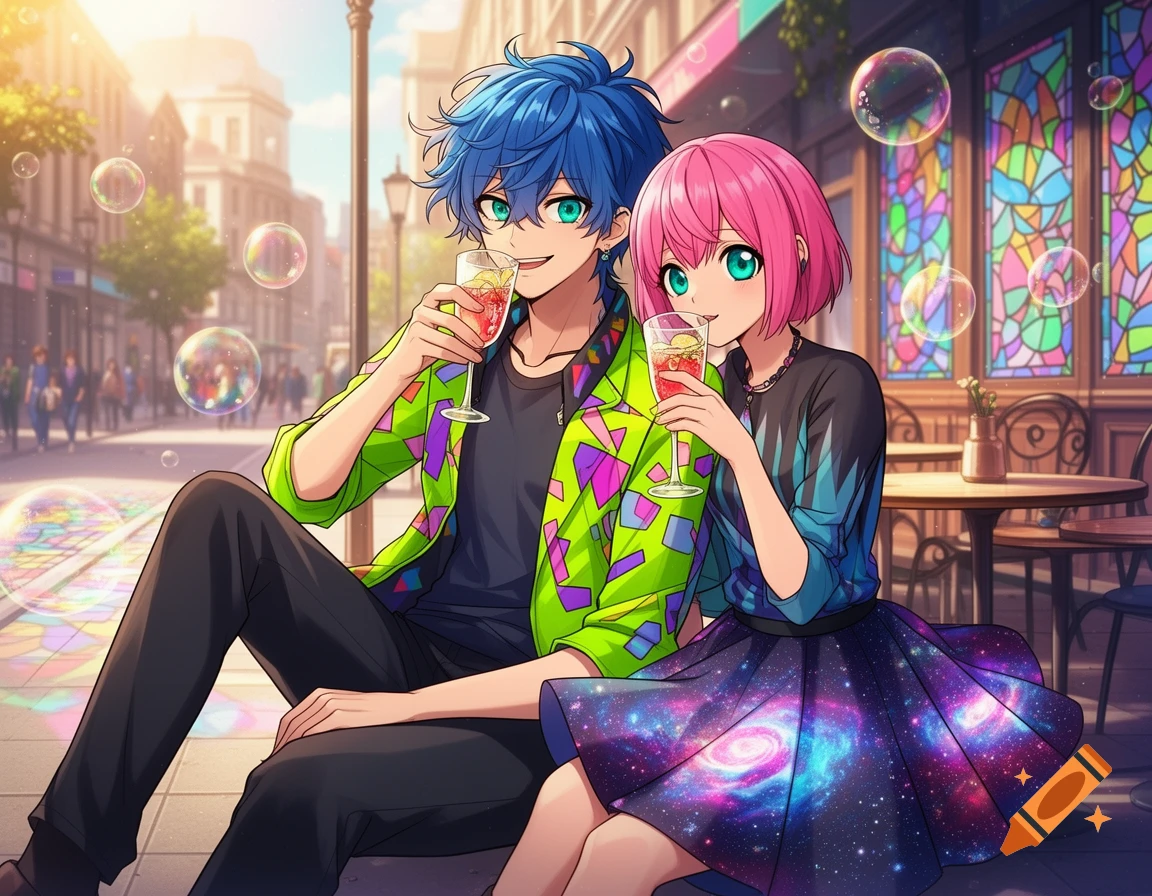 An anime couple with vibrant hair drinks cocktails on a city sidewalk next to a cafe, with bubbles floating around them.