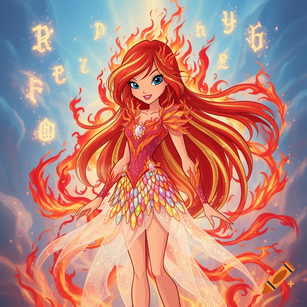 Anime girl with long red hair, in a flame-themed dress, surrounded by fire and glowing symbols against a bright blue sky.