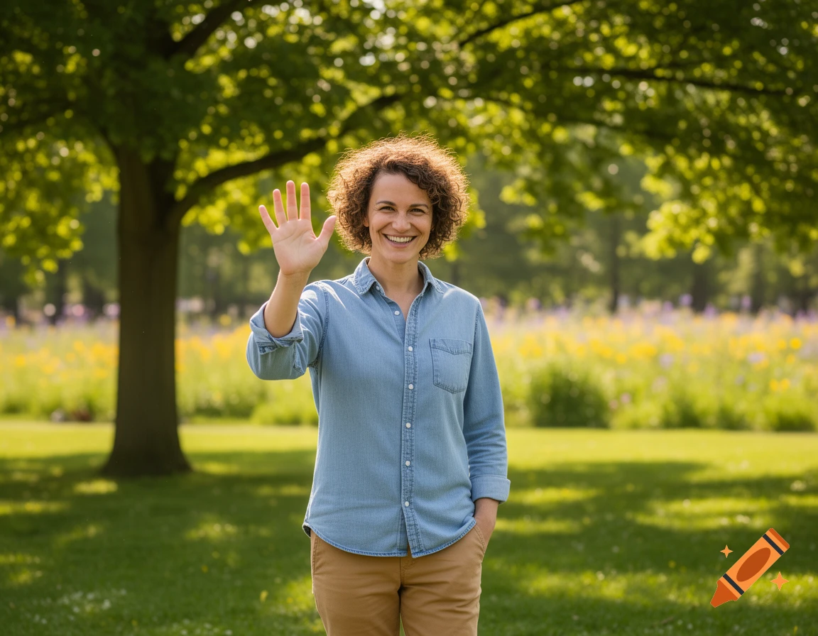 A smiling woman with curly hair waves in a sunny park with trees and wildflowers.