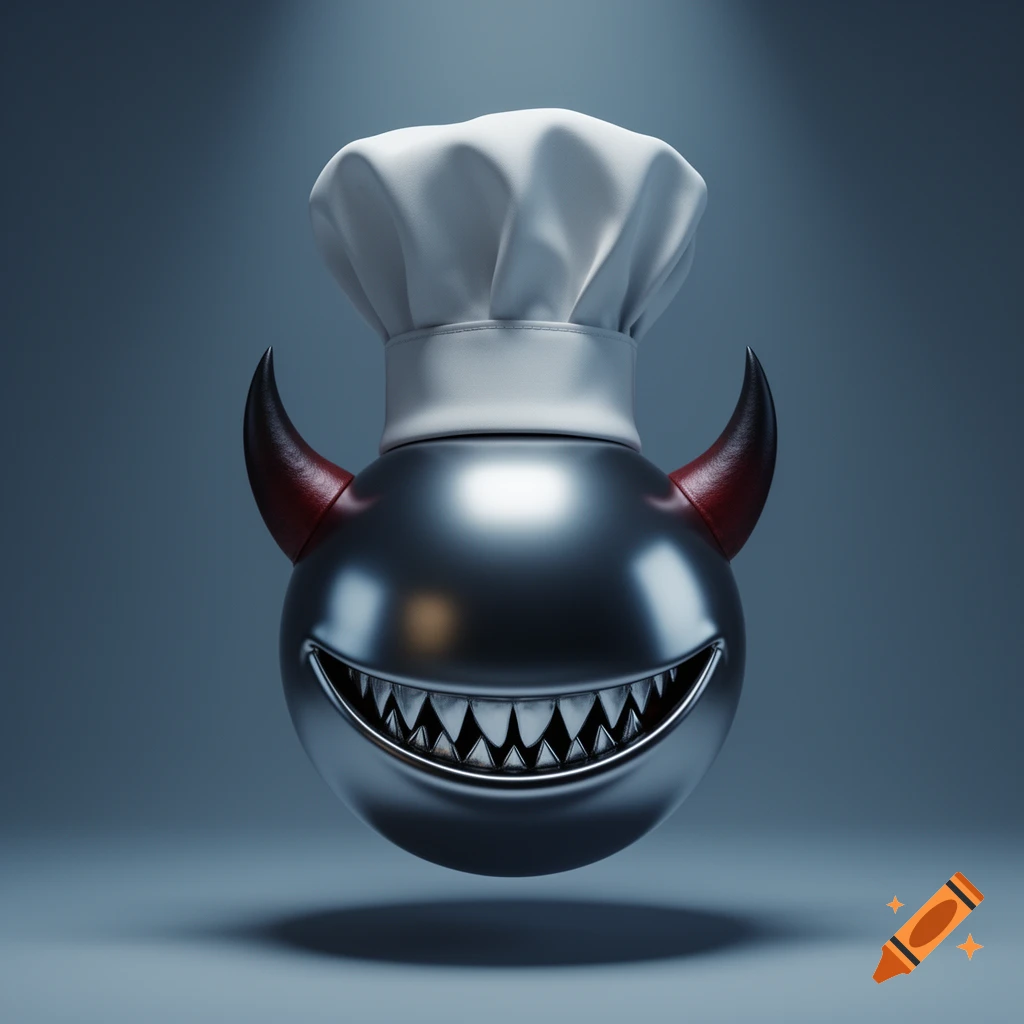A 3D render of a metallic sphere character with red devil horns, a white chef hat, and a wide evil grin with sharp teeth.