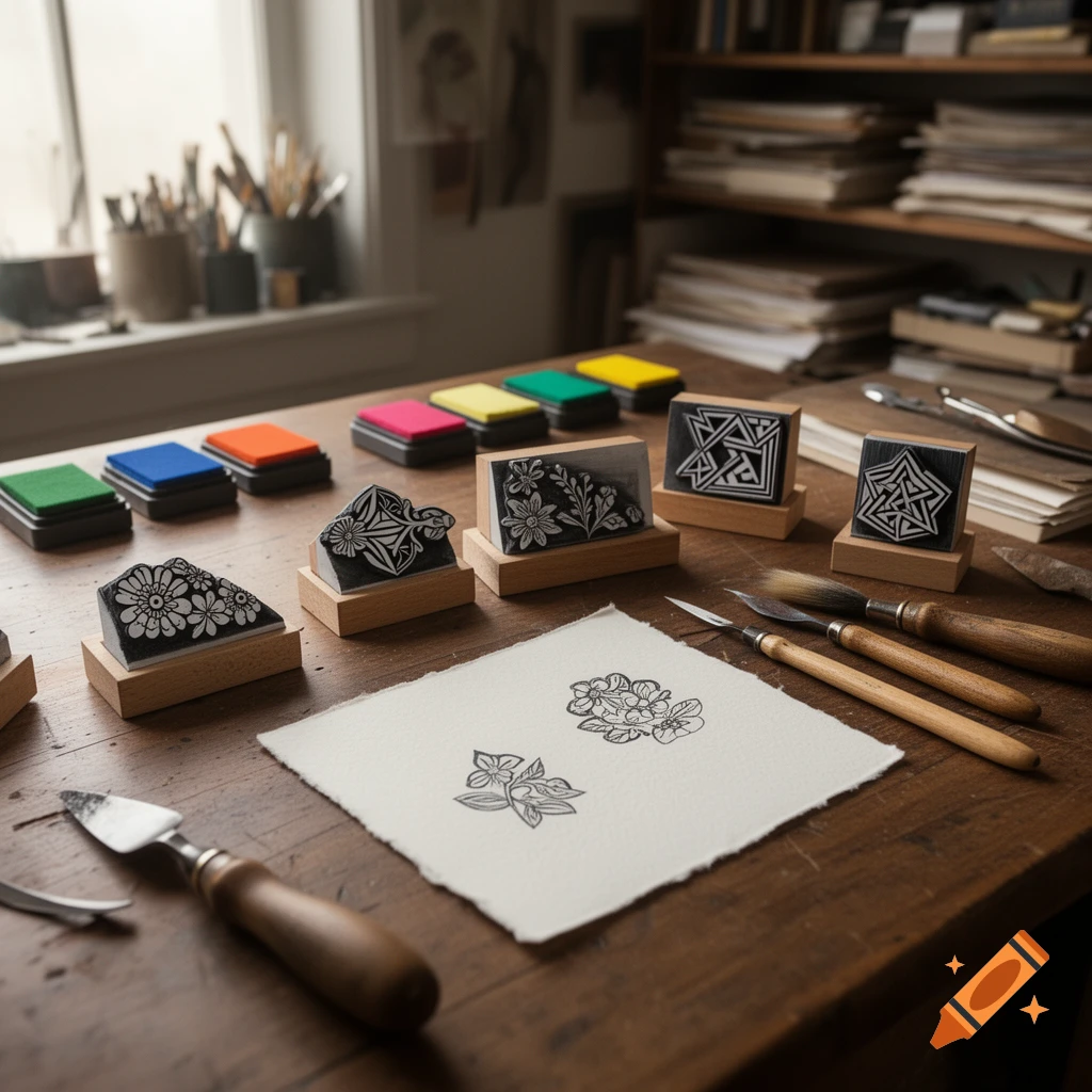 A close-up of a wooden desk with several rubber stamps, colorful ink pads, various art tools, and a paper with stamped floral designs.