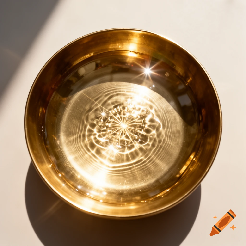 A top-down photograph of a polished brass bowl filled with water, showing sparkling starburst light reflections and concentric ripples in bright sunlight.