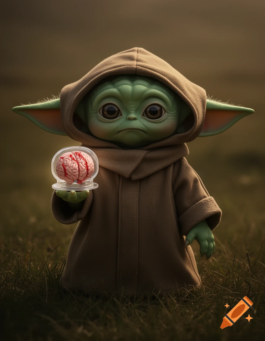 Cute Baby Yoda in a brown robe holds a small jar containing a stylized bloody brain in a grassy field.