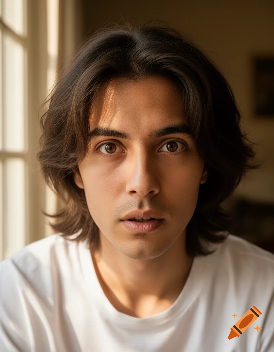 Close-up photorealistic portrait of a young man with long dark hair, wearing a white t-shirt, looking directly at the viewer.