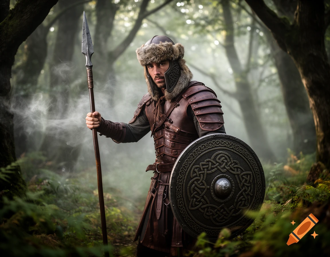 A photorealistic image of a warrior in leather armor and fur hat, holding a spear and a shield with Celtic knot patterns, standing in a misty forest.