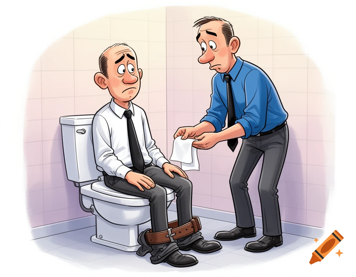 Cartoon of an embarrassed business man on a toilet, with pants around his ankles, being offered toilet paper by another business man.