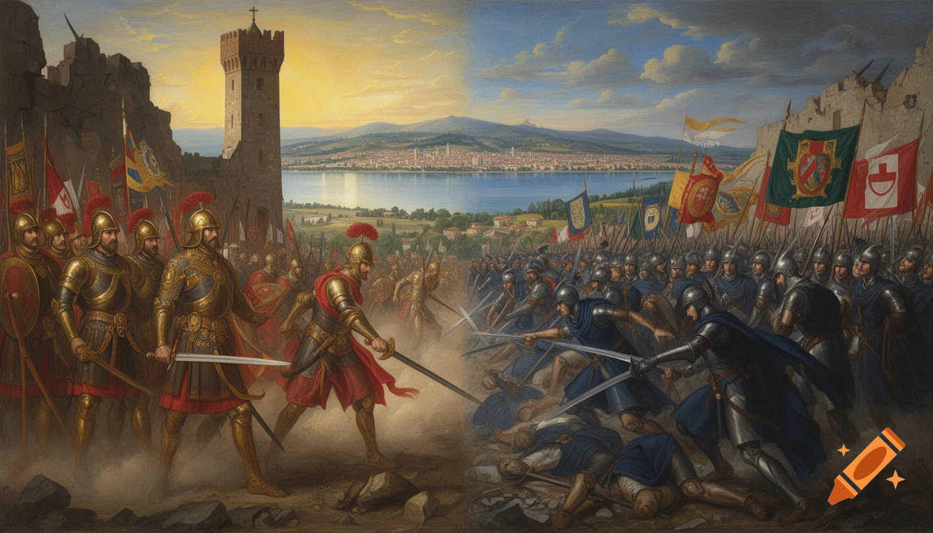 A historical painting depicts a battle between two armies, with one side in gold and red armor and the other in blue and silver armor, set against a lakeside city and destroyed walls.