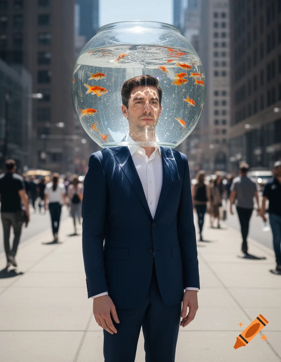 A man in a navy suit stands on a sunny city street, his head encased in a large fishbowl filled with water and goldfish.