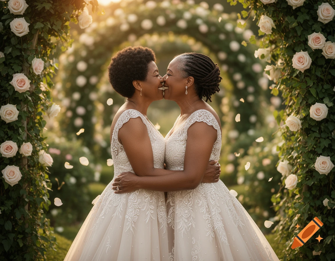 A smiling Black lesbian couple kissing on their wedding day amidst rose-covered arches at sunset.