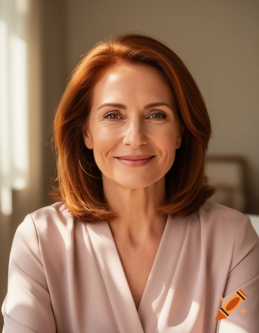 A friendly-looking middle-aged woman with reddish-brown hair and a pink blouse smiles directly at the camera in a sunlit indoor setting.
