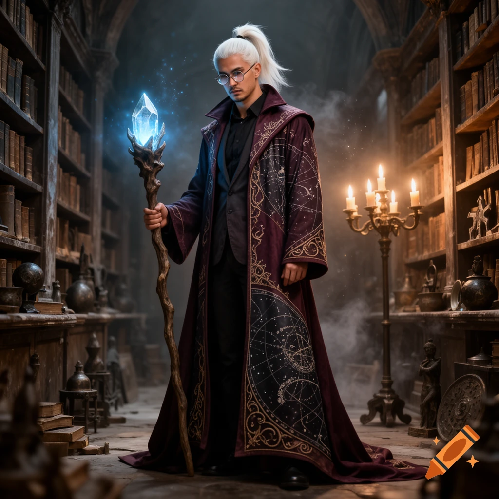 A male sorcerer with white hair and glasses stands in an old library, holding a glowing crystal staff.