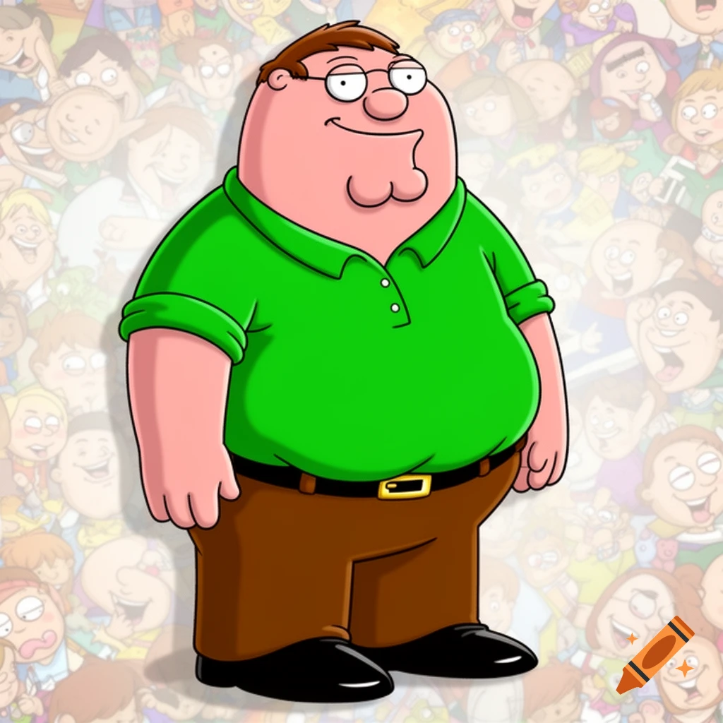 A cartoon character resembling Peter Griffin in a green polo shirt, brown pants, and black shoes, against a faded background of cartoon faces.