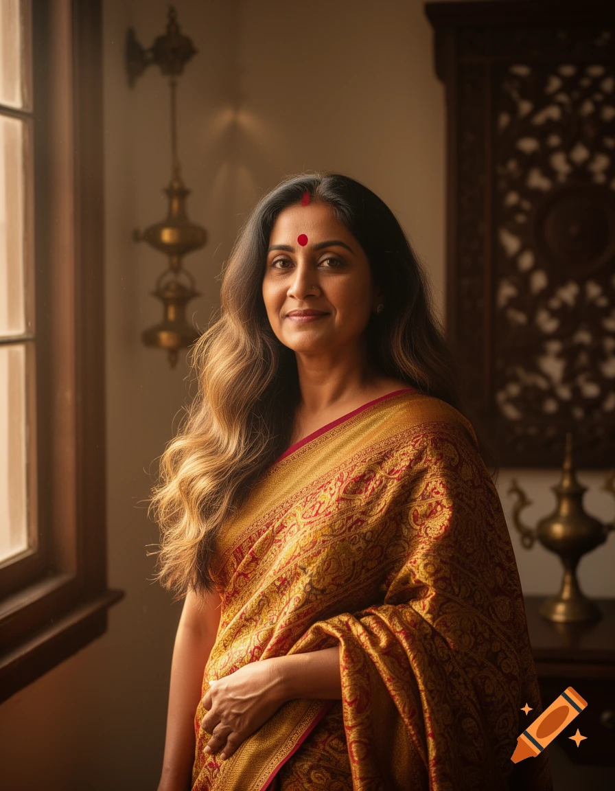 Photorealistic portrait of a smiling Indian woman in a gold and red sari, with long wavy hair and a bindi, standing by a window.