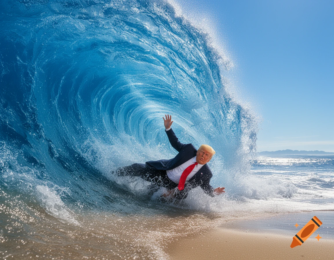 Photorealistic image of Donald Trump in a suit and red tie being knocked down by a large blue ocean wave on a sandy beach.